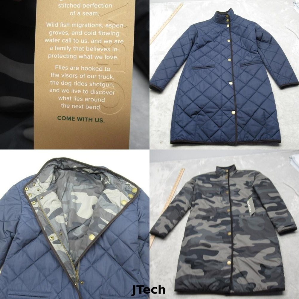 Orvis Jacket Women Small Blue Camo Reversible Quilted Snap Zip Front Puffer NWT